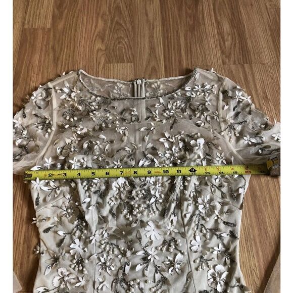 THEIA Hand-Beaded & Petal Applique 3/4 Bell-Sleeve Dress Women’s SIZE 4 - Picture 7 of 14